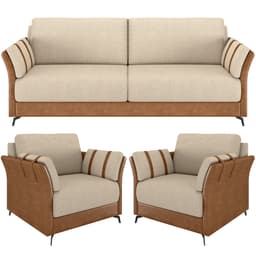 Kit Sofá 3 Lugares 223cm Com 02 Poltrona Álamo M03 Couríssimo Whisky Linho Bege - Lyam Decor