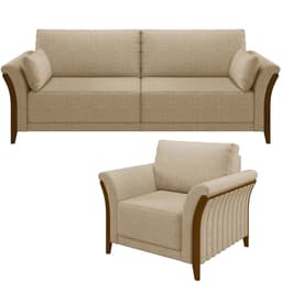 Kit Sofá 3 Lugares Sala Estar 222 Com Poltrona Stefan Pés Madeira M03 Linho Bege Escuro - Lyam Decor