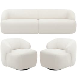 Sofá 3 Lugares Curvo Orgânico com 02 Poltronas Para Sala Living 220cm Barolo L06 Bouclê Branco - Lyam Decor