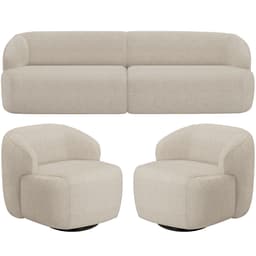 Sofá 3 Lugares Curvo Orgânico com 02 Poltronas Para Sala Living 220cm Barolo L06 Linho Bege Escuro - Lyam Decor