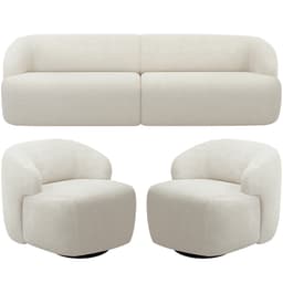 Sofá 3 Lugares Curvo Orgânico com 02 Poltronas Para Sala Living 250cm Barolo L06 Bouclê Off White - Lyam Decor