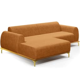 Sofá 4 Lugares com Chaise Esquerdo Para Sala de Estar Molino 265cm D02 Base Castanho Pés D'ouro Couríssimo Whisky B-90 - Lyam Decor