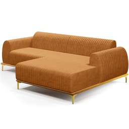 Sofá 5 Lugares com Chaise Direito Para Sala de Estar Molino 300cm D02 Base Castanho Pés D'ouro Couríssimo Whisky B-90 - Lyam Decor