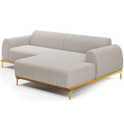 Sofá 5 Lugares com Chaise Direito Para Sala de Estar Molino 350cm D02 Base Castanho Pés D'ouro Bouclê Creme C-54 - Lyam Decor