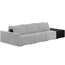 Sofá Ilha Modular Para Sala 342cm com Puff Dublin K01 Veludo Cinza TA7030 e Sintético Preto TF7036