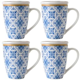 Jogo 4 Xícaras de Chá Porcelana Branca com Tampa e Infusor Inox 310ml Lisboa Lyor Azul