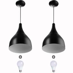 2 Lustres Pendente Gota Media Alumínio 30cm Preto + Lampada