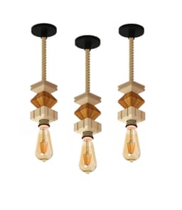 3 Pendentes Verticais de Madeira com Corda Jaspe com Lampada