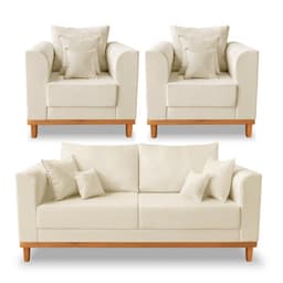 Kit Sofá 3 Lugares e Poltronas Sala de Estar Beny Suede Madeira Estofados