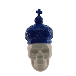 Cofrinho Caveira c Coroa Decorativo Cerâmica Azul 15x10x14cm