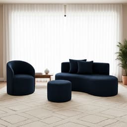 Conjunto 01 Poltrona + Sofá  e 1 Puff Curvo Orgânico Nature Gaia Boucle Azul Marinho - Montanaris Decor