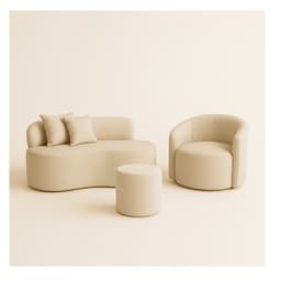 Conjunto 01 Poltrona + Sofá e 1 Puff Curvo Orgânico Nature Gaia Boucle Bege - Montanaris Decor
