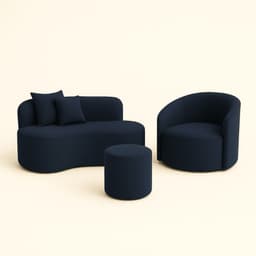 Conjunto 01 Poltrona + Sofá  e 1 Puff Curvo Orgânico Nature Gaia Sued  Azul Marinho - Montanaris Decor