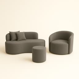 Conjunto 01 Poltrona + Sofá  e 1 Puff Curvo Orgânico Nature Gaia Sued Cinza - Montanaris Decor