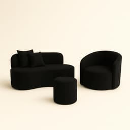 Conjunto 01 Poltrona + Sofá e 1 Puff Curvo Orgânico Nature Gaia Sued Preto - Montanaris Decor