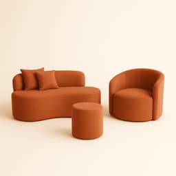 Conjunto 01 Poltrona + Sofá e 1 Puff Curvo Orgânico Nature Gaia Suede Terracota - Montanaris Decor