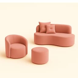 Conjunto 01 Poltrona + Sofá  e 1 Puff Curvo Orgânico Nature Gaia Veludo Rosa - Montanaris Decor