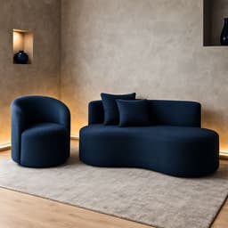 Conjunto 01 Poltrona + Sofá Curvo Orgânico Nature Gaia Boucle Azul Marinho - Montanaris Decor