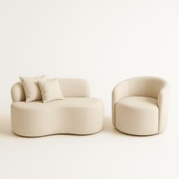 Conjunto 01 Poltrona + Sofá Curvo Orgânico Nature Gaia Boucle Bege - Montanaris Decor