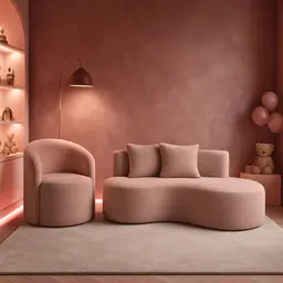 Conjunto 01 Poltrona + Sofá Curvo Orgânico Nature Gaia Boucle Rosê - Montanaris Decor