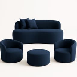 Conjunto 02 Poltronas + Sofá e Puff Curvo Orgânico Nature Gaia Boucle Azul Marinho - Montanaris Decor