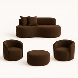 Conjunto 02 Poltronas + Sofá e Puff Curvo Orgânico Nature Gaia Boucle Marrom- Montanaris Decor