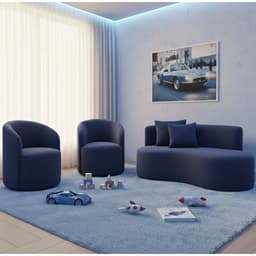 Conjunto Decorativo 02 Poltronas + Sofá Curvo Orgânico Nature Gaia Boucle Azul Marinho - Montanaris Decor