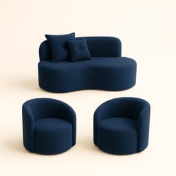 Conjunto Decorativo 02 Poltronas + Sofá Curvo Orgânico Nature Gaia Suede Azul Marinho - Montanaris Decor