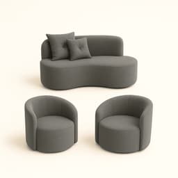 Conjunto Decorativo 02 Poltronas + Sofá Curvo Orgânico Nature Gaia Suede Cinza - Montanaris Decor
