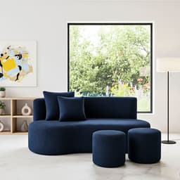 Conjunto Sofá Curvo Orgânico + 2Puffs Nature Gaia Boucle Azul Marinho - Montanaris Decor