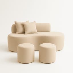 Conjunto Sofá Curvo Orgânico + 2Puffs Nature Gaia Boucle Bege - Montanaris Decor