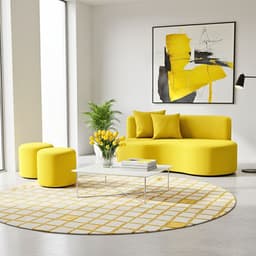Conjunto Sofá Curvo Orgânico + 2Puffs Nature Gaia Suede Amarelo - Montanaris Decor