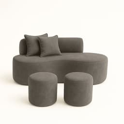 Conjunto Sofá Curvo Orgânico + 2Puffs Nature Gaia Suede Cinza - Montanaris Decor