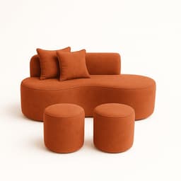 Conjunto Sofá Curvo Orgânico + 2Puffs Nature Gaia Suede Terracota - Montanaris Decor