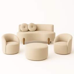 Kit 02 Poltronas Gaia +Sofá + Puff Living Decorativo Curvo Orgânico Boucle Bege - Montanaris Decor