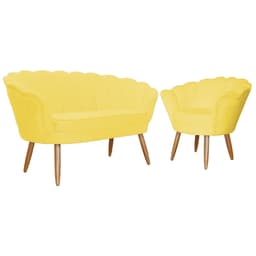 Kit Namoradeira e 1 Poltrona Pétala Decorativa Veludo Amarelo - Montanaris Decor
