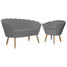 Kit Namoradeira e 1 Poltrona Pétala Decorativa Veludo Cinza - Montanaris Decor