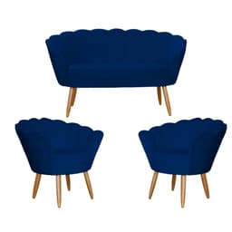 Kit Namoradeira e 2 Poltronas Pétala Decorativa Veludo Azul Marinho - Montanaris Decor