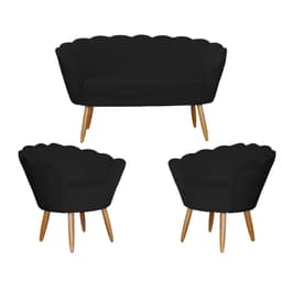 Kit Namoradeira e 2 Poltronas Pétala Decorativa Veludo Preto - Montanaris Decor