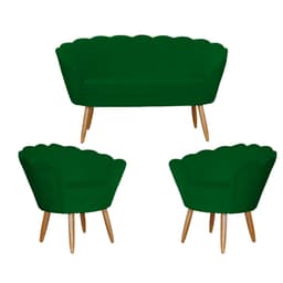 Kit Namoradeira e 2 Poltronas Pétala Decorativa Veludo Verde - Montanaris Decor