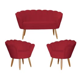 Kit Namoradeira e 2 Poltronas Pétala Decorativa Veludo Vermelho - Montanaris Decor