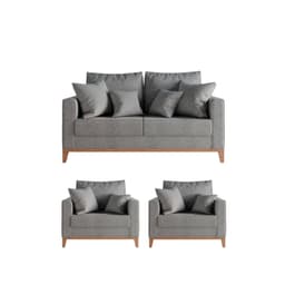 Kit Sofá e 2 Poltronas Decorativa Beni 1,60cm Beni Base Madeira Linho Cinza - Montanaris Decor