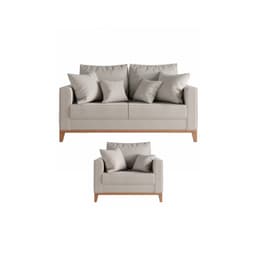 Kit Sofá e Poltrona Decorativo Beni 1,80cm Beni Base Madeira Linho Bege - Montanaris Decor