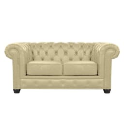 Sofá Chesterfield 2 Lugares com Pés Madeira Couro Bege - Mempra