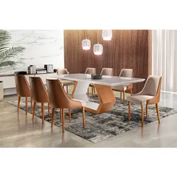 Conjunto de Mesa de Jantar Ane Off White e  8 Cadeiras Estofadas Esmeralda II Linho Caramelo e Bege