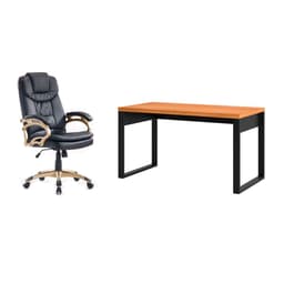 Conjunto de Mesa Anah Freijó com Cadeira de Escritório Presidente Giratória com Relax Clark Preta e Dourada