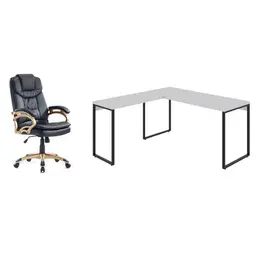 Conjunto de Mesa Kuadra  II Branca 150 cm com Cadeira de Escritório Presidente Giratória com Relax Clark Preta e Dourada