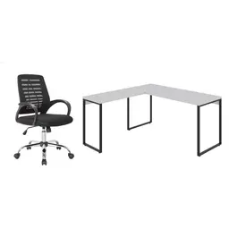 Conjunto de Mesa Kuadra Branca II 150 cm com Cadeira de Escritório Secretária Giratória Light Preta