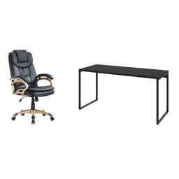 Conjunto de Mesa Kuadra I 150 cm com Cadeira de Escritório Presidente Giratória com Relax Clark Preta e Dourada