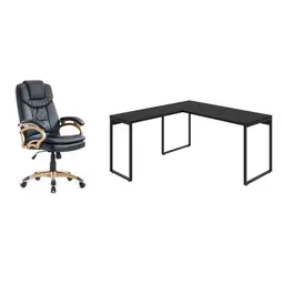Conjunto de Mesa Kuadra II 150 cm com Cadeira de Escritório Presidente Giratória com Relax Clark Preta e Dourada